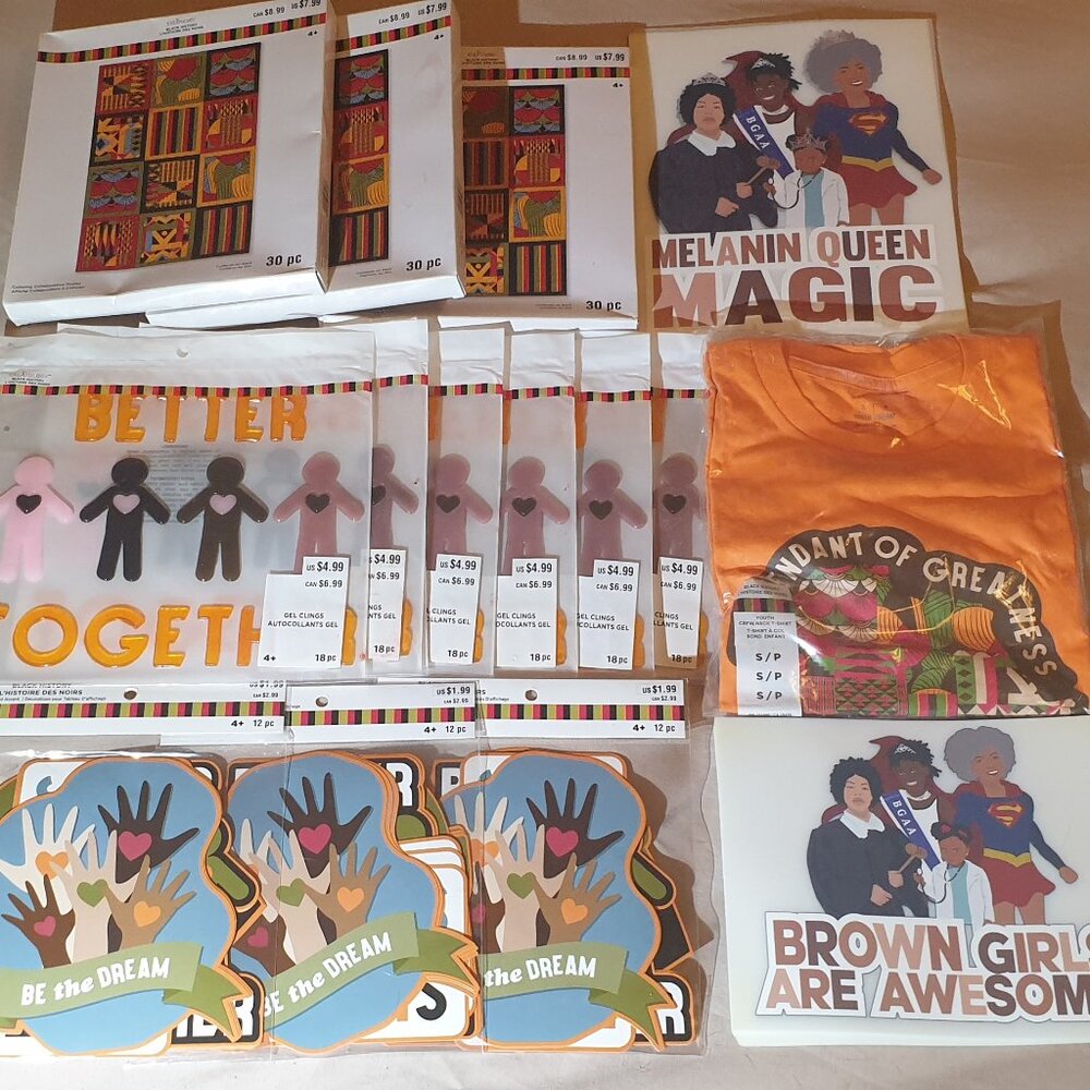 Big Lot of Black History Month Items Including Window Cling Gel Stickers & Tee